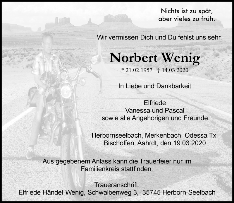  Traueranzeige für Norbert Wenig vom 19.03.2020 aus 202 Dill Block