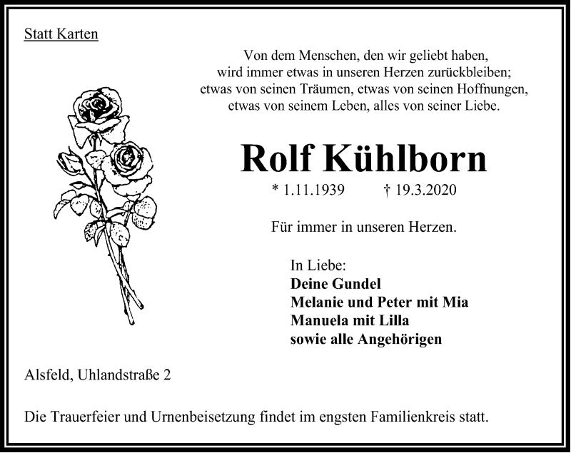  Traueranzeige für Rolf Kühlborn vom 25.03.2020 aus VRM Trauer