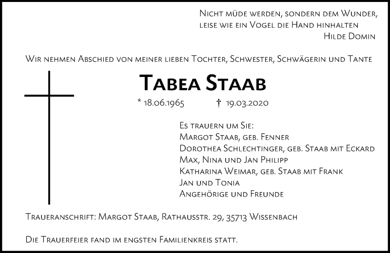  Traueranzeige für Tabea Staab vom 27.03.2020 aus 202 Dill Block