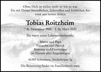Traueranzeige von Tobias Roitzheim von 564 Usinger Anzeiger