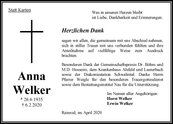 Traueranzeige von Anna Welker von 563 Oberhessische Zeitung