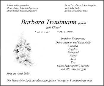 Traueranzeige von Barbara Trautmann von 202 Dill Block