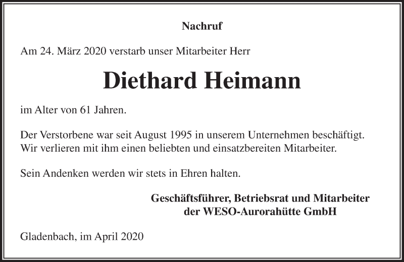  Traueranzeige für Diethard Heimann vom 11.04.2020 aus 205 Hinterländer Anzeiger