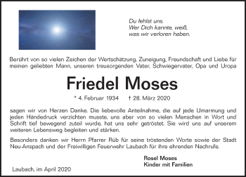 Traueranzeige von Friedel Moses von 564 Usinger Anzeiger