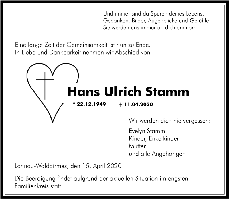  Traueranzeige für Hans Ulrich Stamm vom 15.04.2020 aus 201 Wetzlarer Neue Zeitung