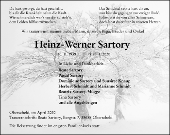 Traueranzeige von Heinz-Werner Sartory von 202 Dill Block
