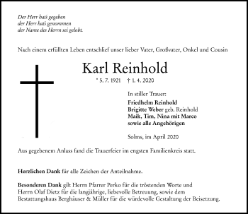 Traueranzeige von Karl Reinhold von 201 Wetzlarer Neue Zeitung