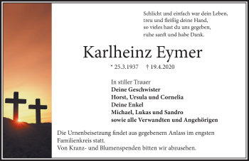 Traueranzeige von Karlheinz Eymer von VRM Trauer
