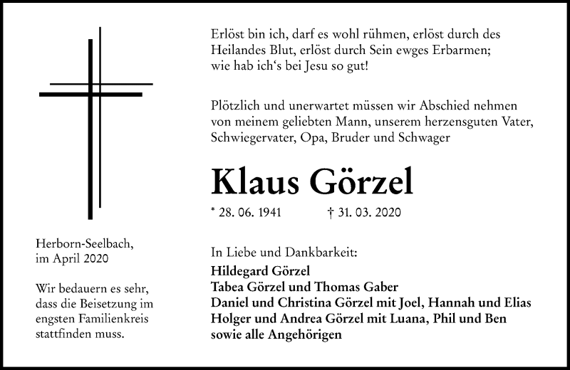  Traueranzeige für Klaus Görzel vom 04.04.2020 aus 202 Dill Block