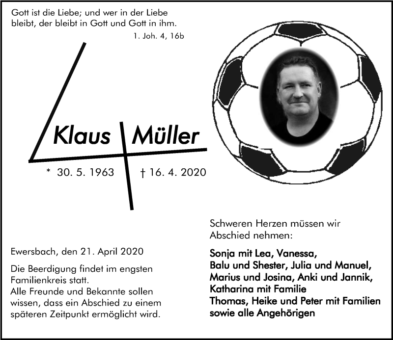  Traueranzeige für Klaus Müller vom 21.04.2020 aus 202 Dill Block