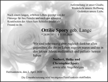 Traueranzeige von Ottilie Spory von 201 Wetzlarer Neue Zeitung