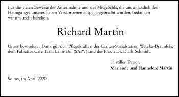 Traueranzeige von Richard Martin von 201 Wetzlarer Neue Zeitung