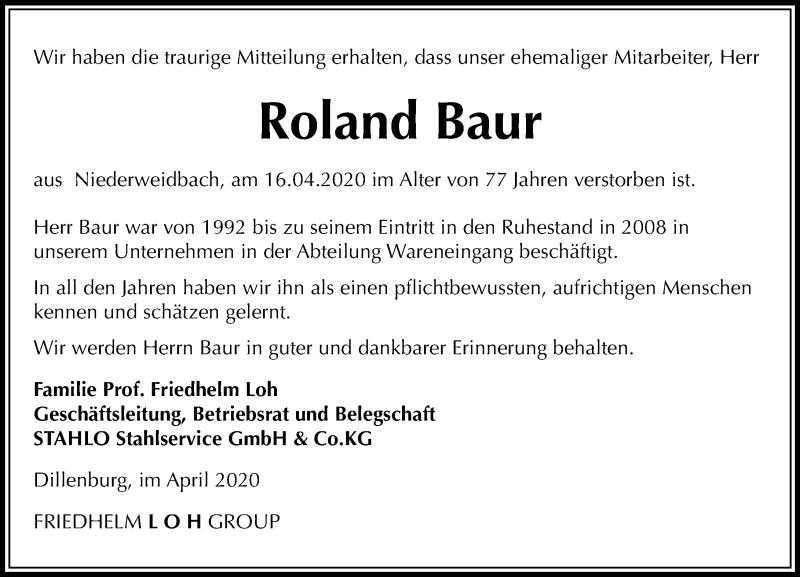  Traueranzeige für Roland Baur vom 21.04.2020 aus 202 Dill Block