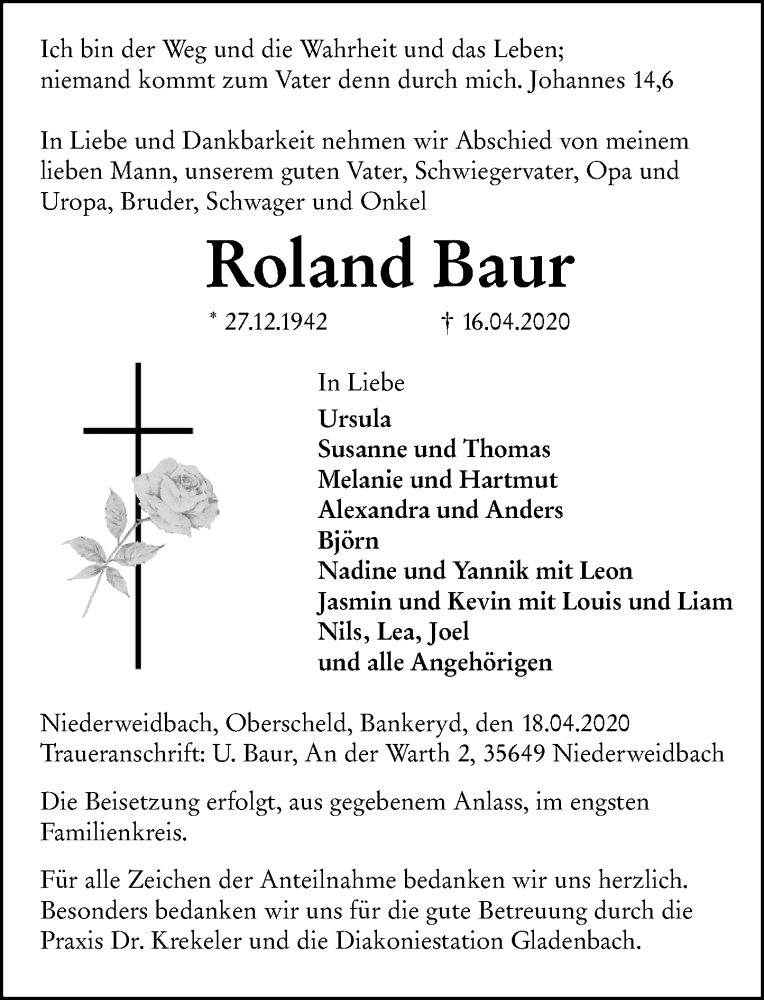  Traueranzeige für Roland Baur vom 18.04.2020 aus 202 Dill Block