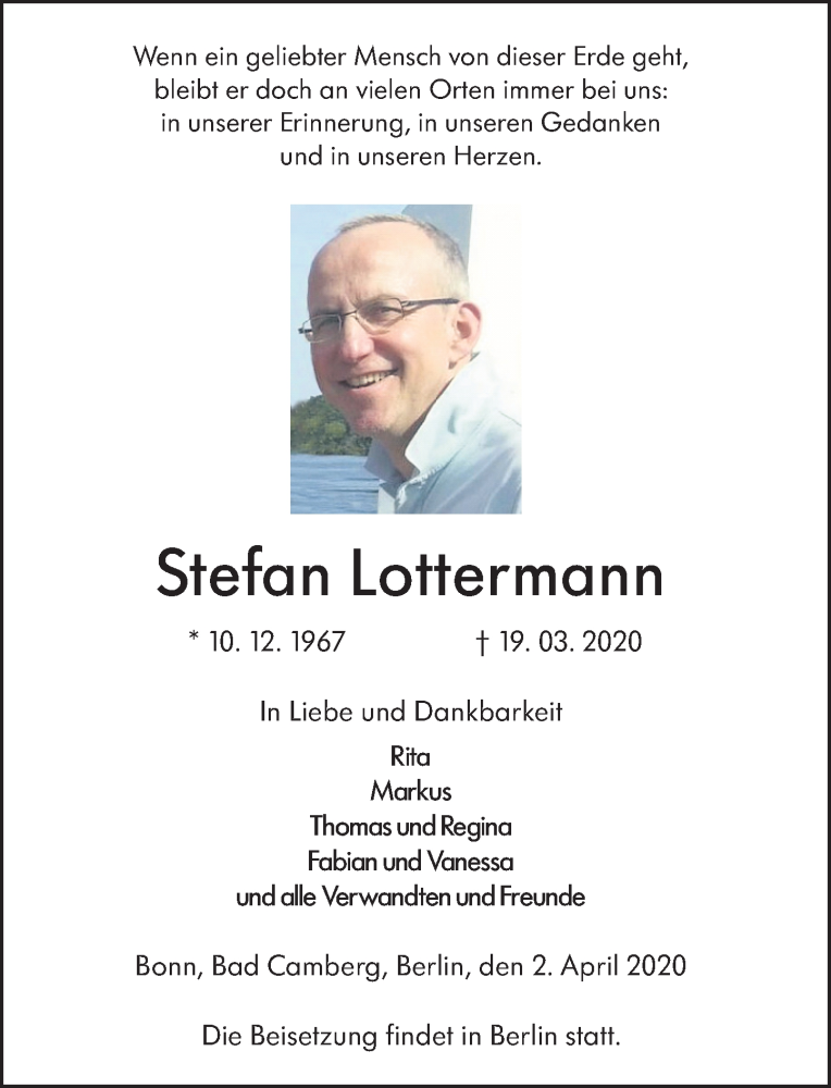  Traueranzeige für Stefan Lottermann vom 02.04.2020 aus 582 Camberger Anzeiger