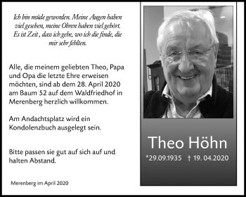 Traueranzeige von Theo Höhn von 206 Weilburger Tageblatt