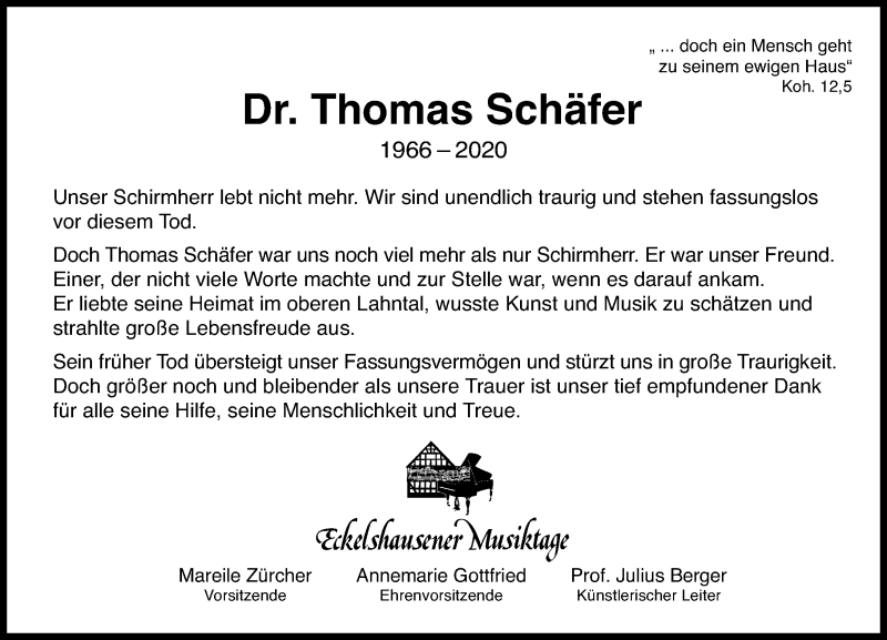  Traueranzeige für Thomas Schäfer vom 07.04.2020 aus 205 Hinterländer Anzeiger