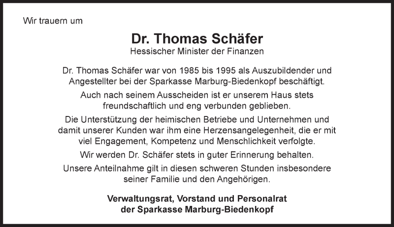  Traueranzeige für Thomas Schäfer vom 08.04.2020 aus 205 Hinterländer Anzeiger