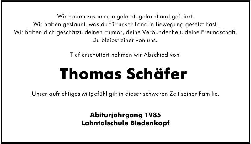  Traueranzeige für Thomas Schäfer vom 04.04.2020 aus 205 Hinterländer Anzeiger