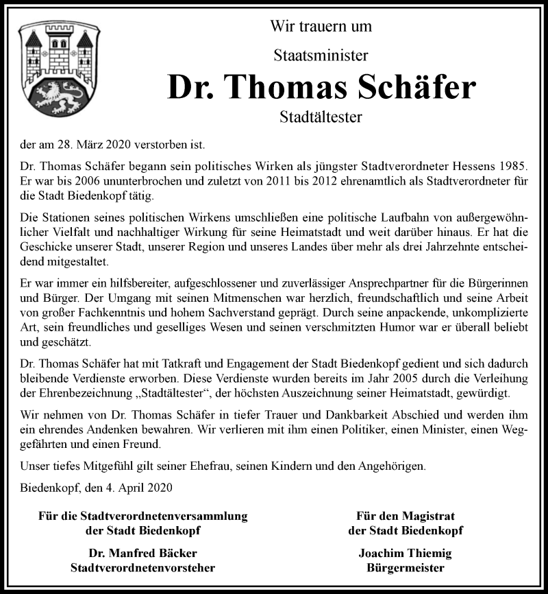  Traueranzeige für Thomas Schäfer vom 04.04.2020 aus 206 Weilburger Tageblatt