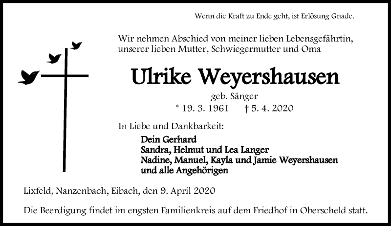  Traueranzeige für Ulrike Weyershausen vom 09.04.2020 aus 205 Hinterländer Anzeiger