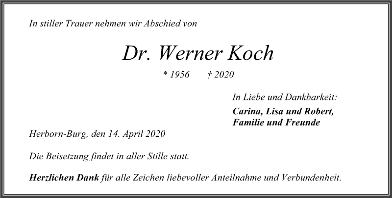  Traueranzeige für Werner Koch vom 14.04.2020 aus 202 Dill Block