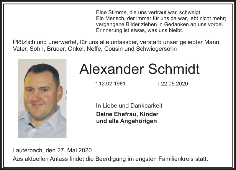  Traueranzeige für Alexander Schmidt vom 27.05.2020 aus VRM Trauer