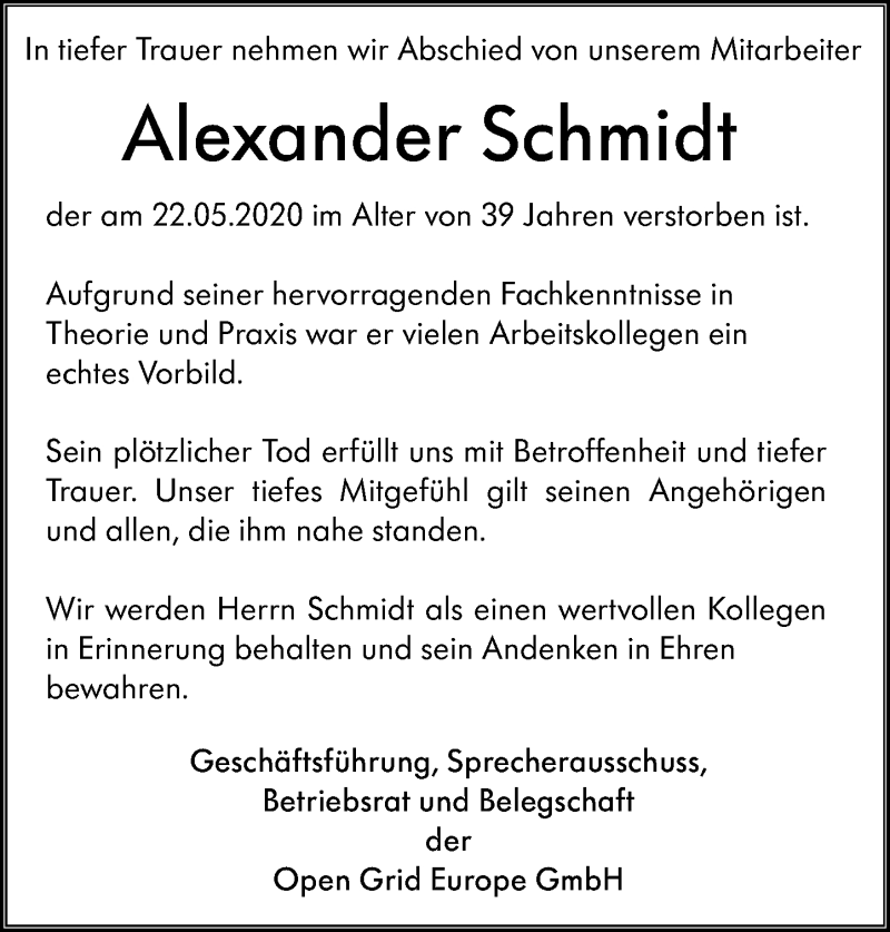  Traueranzeige für Alexander Schmidt vom 30.05.2020 aus VRM Trauer