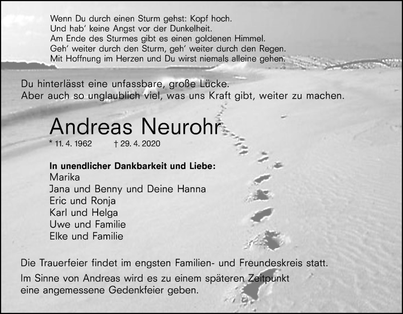  Traueranzeige für Andreas Neurohr vom 06.05.2020 aus 201 Wetzlarer Neue Zeitung
