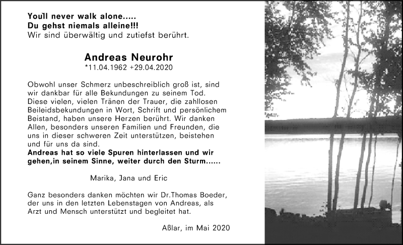  Traueranzeige für Andreas Neurohr vom 30.05.2020 aus 201 Wetzlarer Neue Zeitung