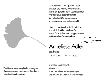 Traueranzeige von Anneliese Adler von 201 Wetzlarer Neue Zeitung
