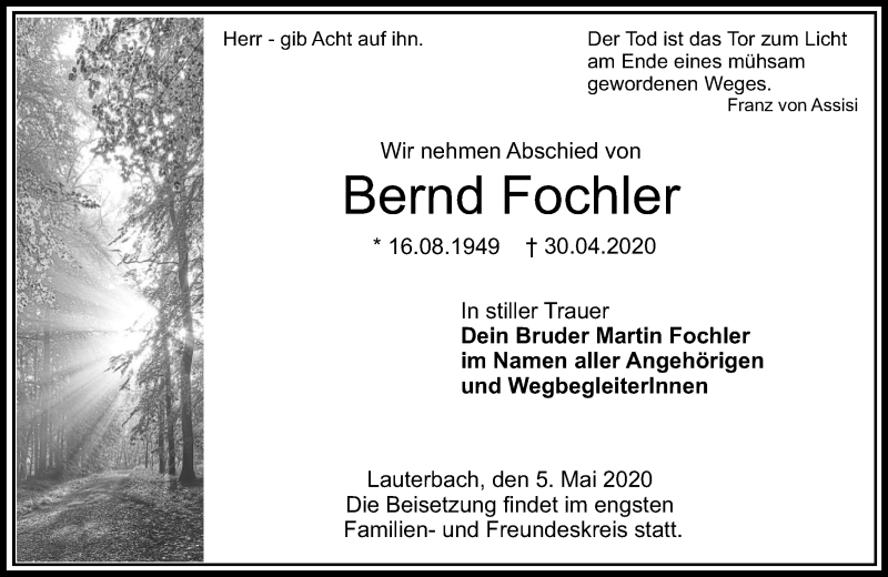  Traueranzeige für Bernd Fochler vom 05.05.2020 aus VRM Trauer