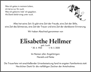 Traueranzeige von Elisabethe Hellmer von 201 Wetzlarer Neue Zeitung