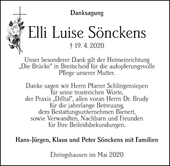 Traueranzeige von Elli Luise Sönckens von 201 Wetzlarer Neue Zeitung