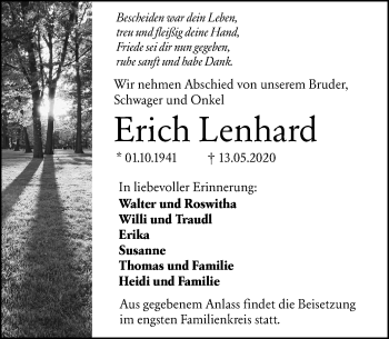 Traueranzeige von Erich Lenhard von 201 Wetzlarer Neue Zeitung