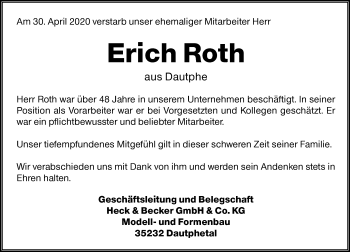 Traueranzeige von Erich Roth von 205 Hinterländer Anzeiger