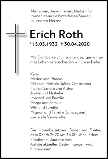 Traueranzeige von Erich Roth von 205 Hinterländer Anzeiger