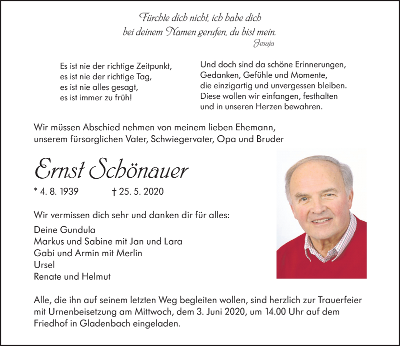  Traueranzeige für Ernst Schönauer vom 30.05.2020 aus 205 Hinterländer Anzeiger