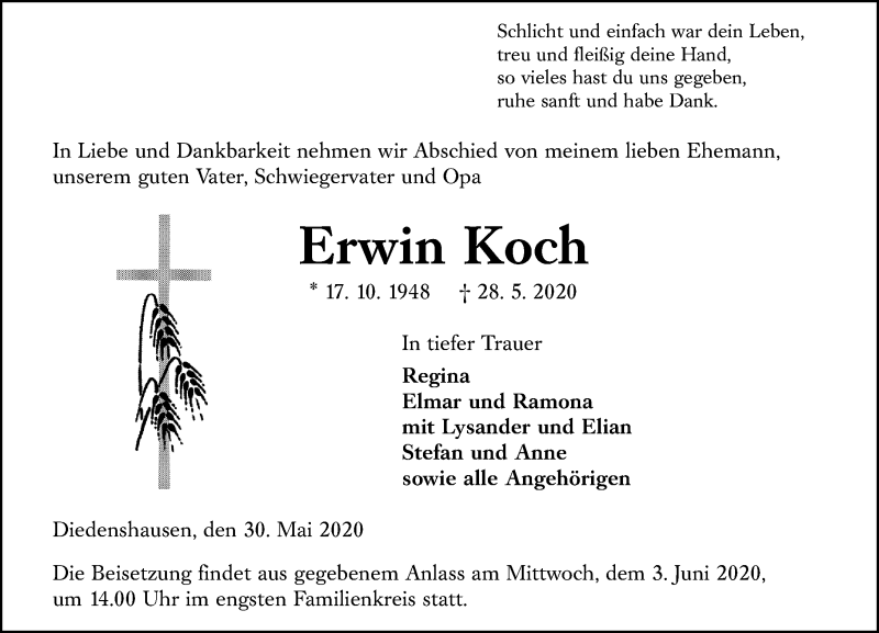  Traueranzeige für Erwin Koch vom 30.05.2020 aus 205 Hinterländer Anzeiger