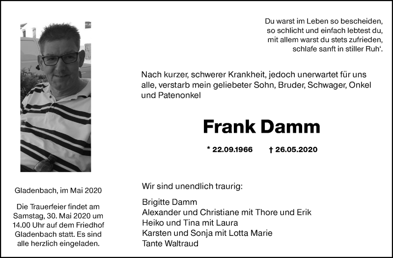  Traueranzeige für Frank Damm vom 28.05.2020 aus 205 Hinterländer Anzeiger