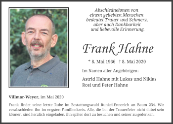 Traueranzeige von Frank Hahne von 582 Camberger Anzeiger
