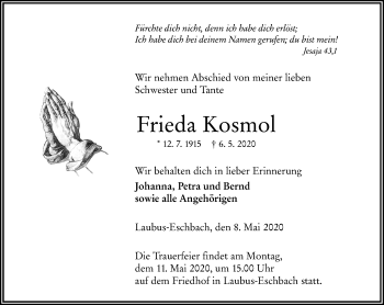 Traueranzeige von Frieda Kosmol Kosmol von 206 Weilburger Tageblatt