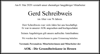 Traueranzeige von Gerd Schreibweis von 206 Weilburger Tageblatt