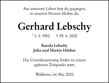 Traueranzeige von Gerhard Lebschy von 582 Camberger Anzeiger