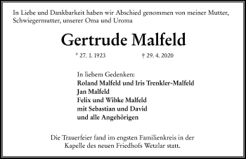Traueranzeige von Gertrude Malfeld von 201 Wetzlarer Neue Zeitung