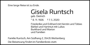 Traueranzeige von Gisela Runtsch von 201 Wetzlarer Neue Zeitung