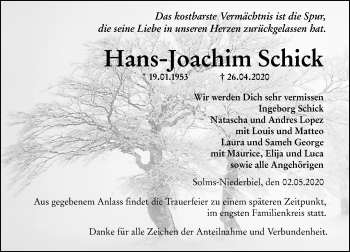 Traueranzeige von Hans-Joachim Schick von 201 Wetzlarer Neue Zeitung