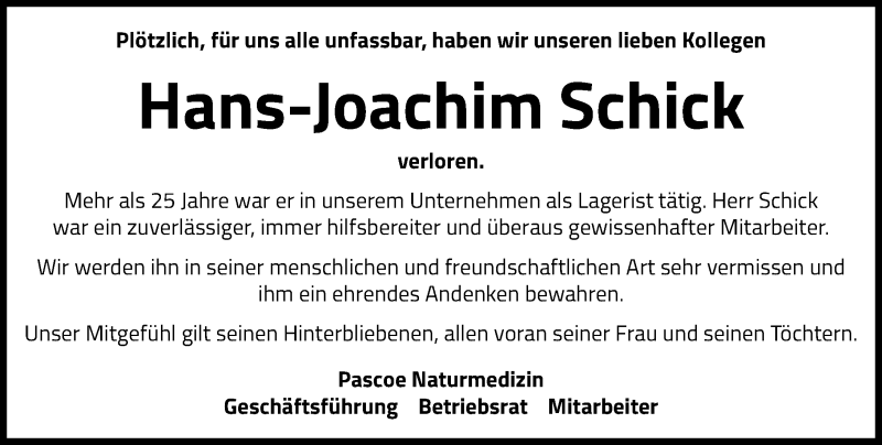  Traueranzeige für Hans-Joachim Schick vom 02.05.2020 aus 201 Wetzlarer Neue Zeitung