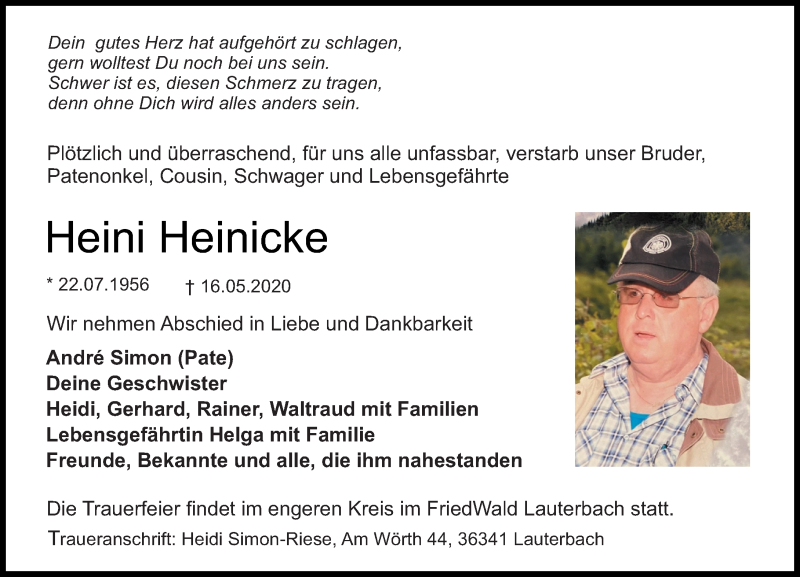  Traueranzeige für Heini Heinicke vom 20.05.2020 aus VRM Trauer
