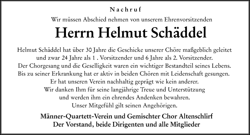  Traueranzeige für Helmut Schäddel vom 20.05.2020 aus VRM Trauer